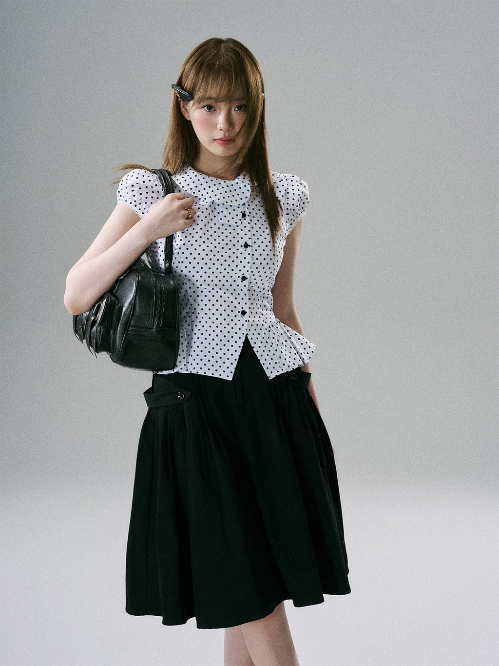 LOST FOREST Asymmetrical Lotus Leaf Polka Dot Shirt Tee