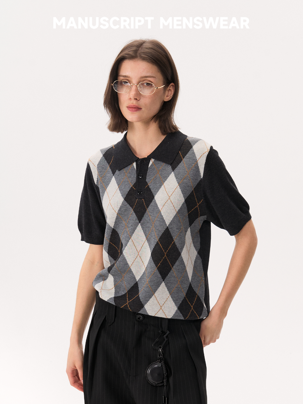 MANUSCRIPT Casual Front Shoulder Plaid Lapel Tee