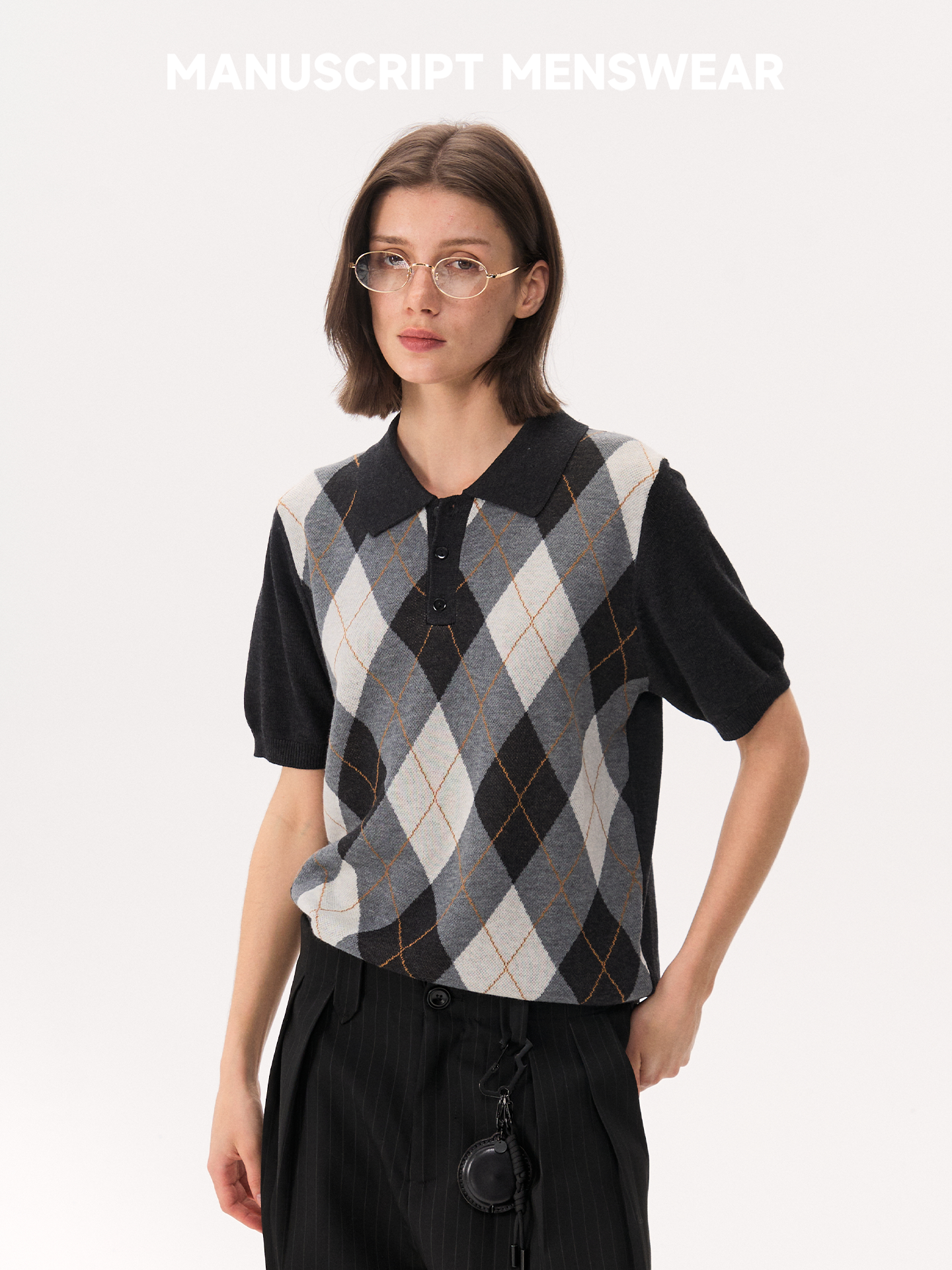 MANUSCRIPT Casual Front Shoulder Plaid Lapel Tee
