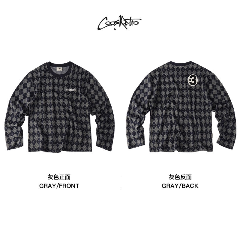 CoosRetro Vintage Rhombus Plaid Embroidery Casual Long Sleeve