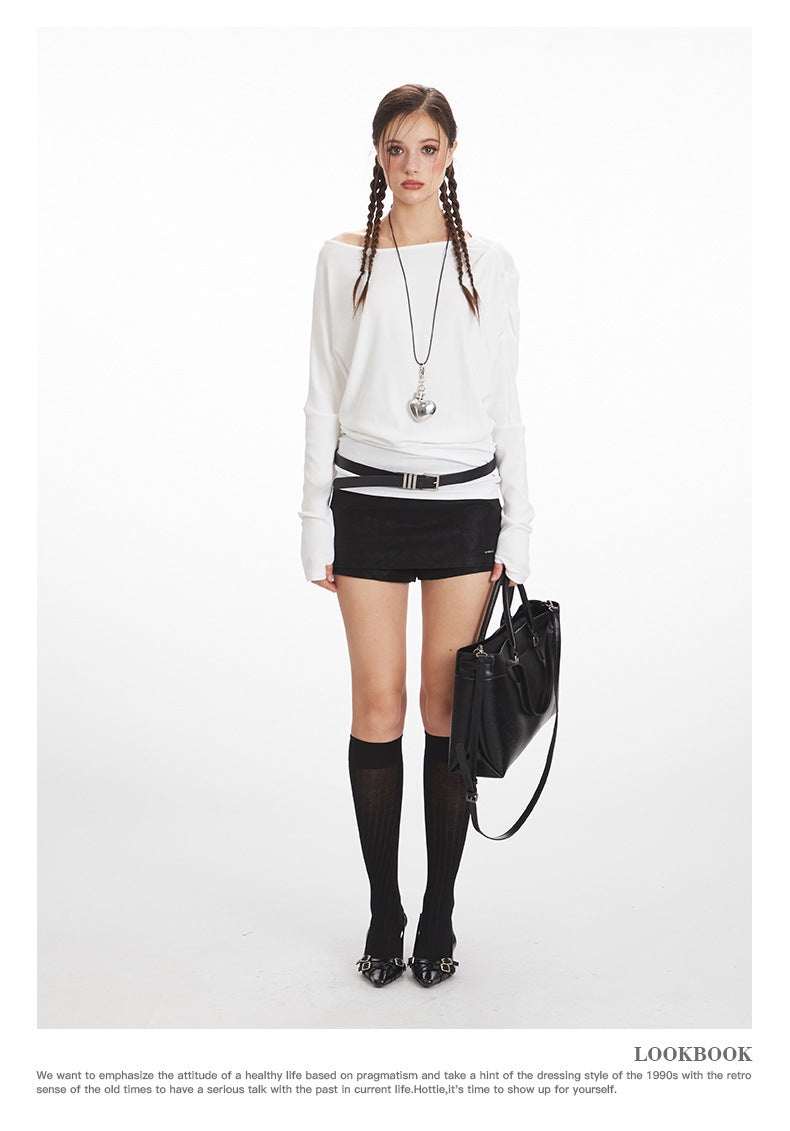 Nariele Slant Neck Vintage Waist Off-Shoulder Long Sleeves