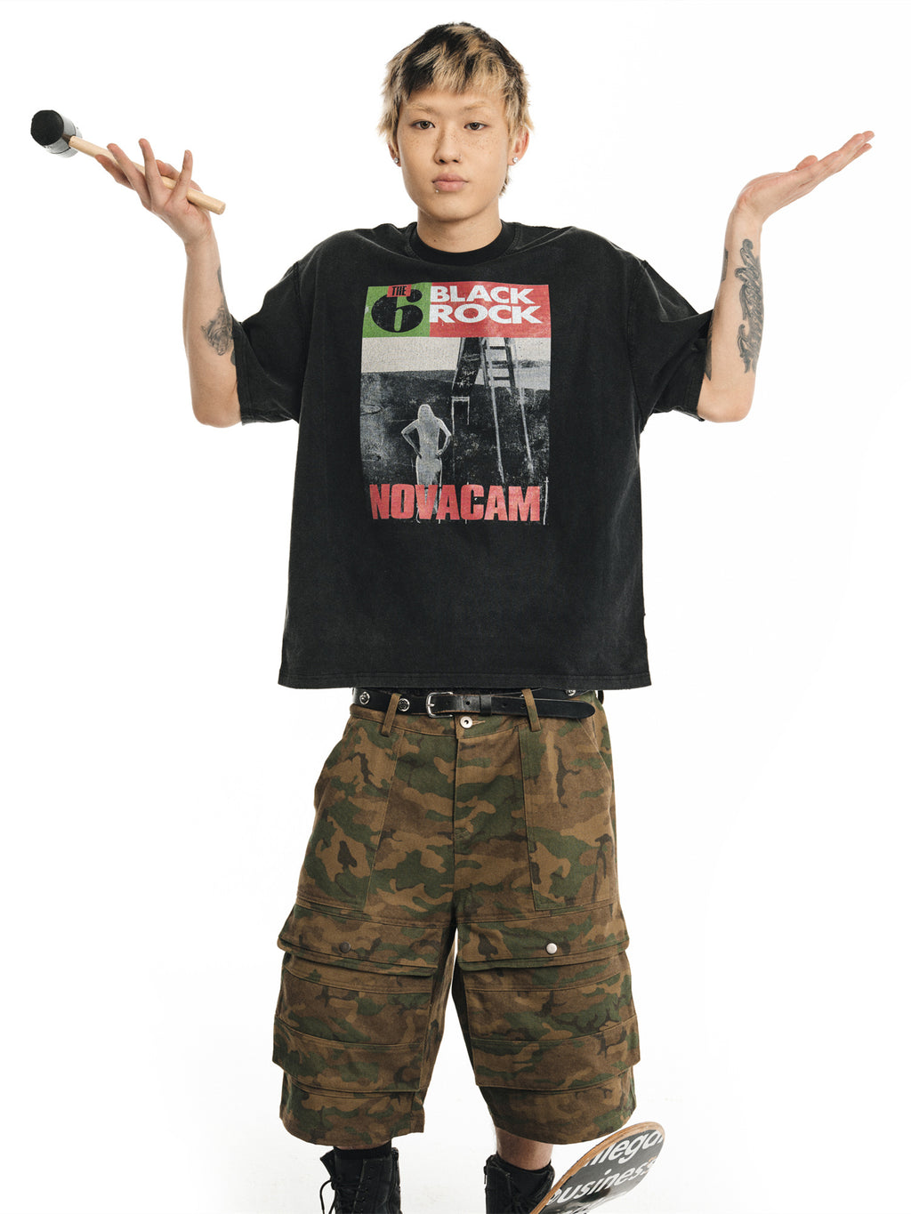 NOVACAM wasteland wind retro camouflage baggy heavy mottled old black cropped pants