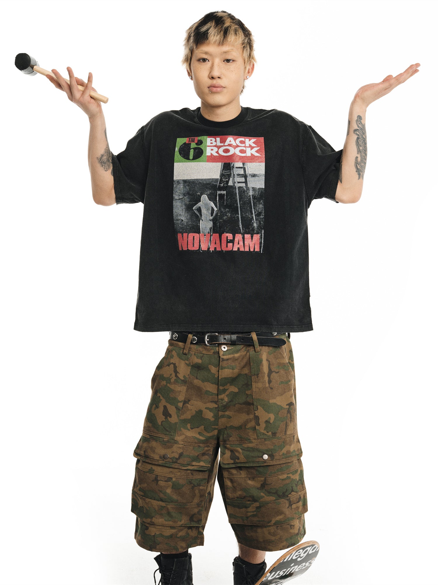 NOVACAM wasteland wind retro camouflage baggy heavy mottled old black cropped pants
