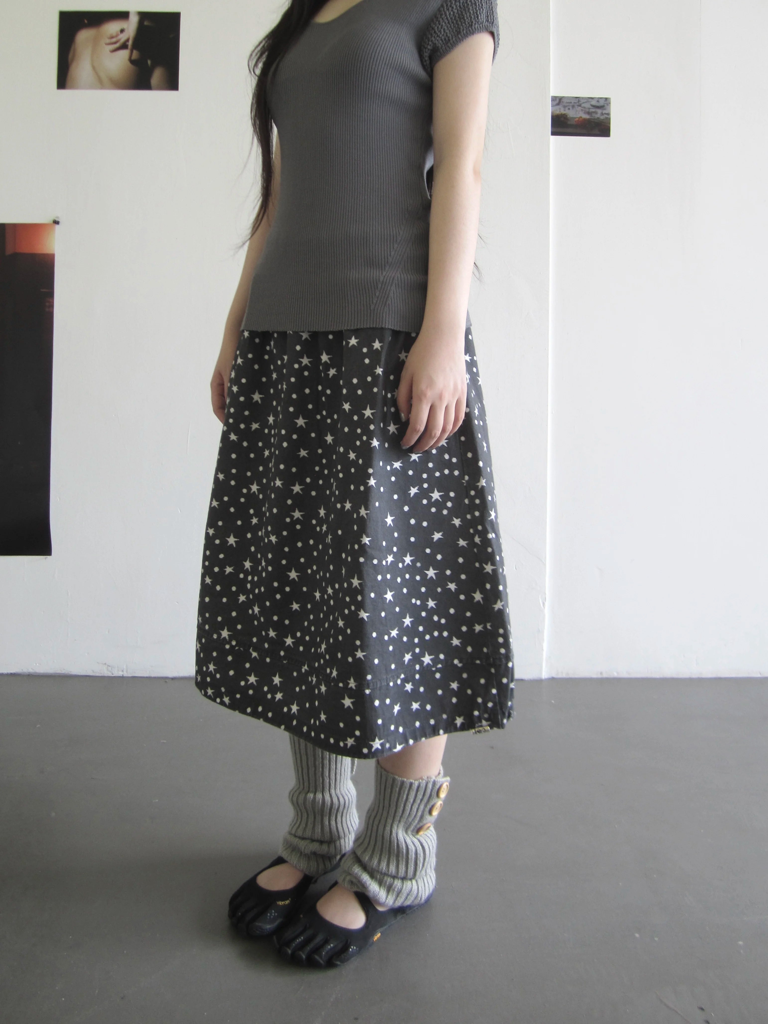 Ang: Project Vintage Star Polka Dot Print Drawstring Denim Skirt