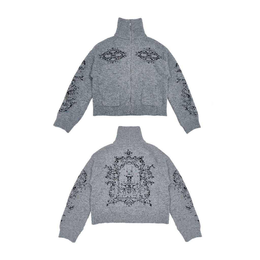 WANNA LAB Jacquard Upturned Neck Knitted Cardigan Sweater