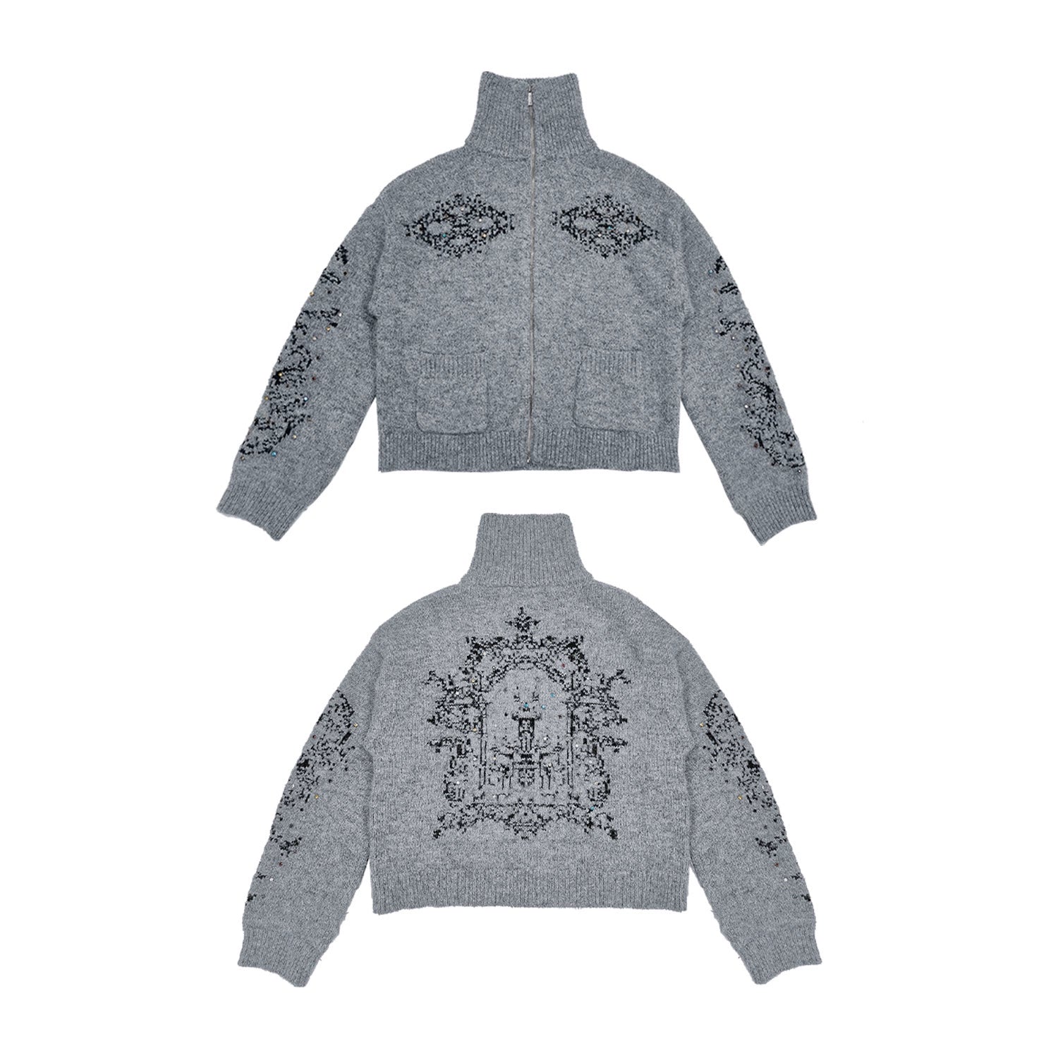 WANNA LAB Jacquard Upturned Neck Knitted Cardigan Sweater