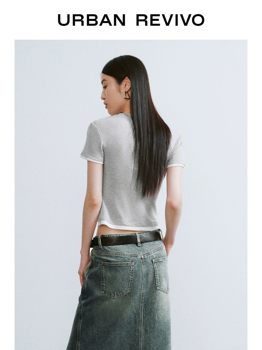 URBAN REVIVO Contrasting Splicing Fake Two-piece Crew Neck Tee