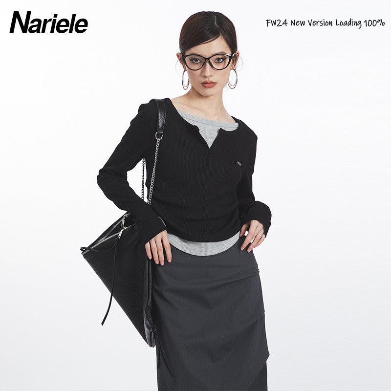 Nariele Fake Two V-neck Pleats Waist Slim Long Sleeves