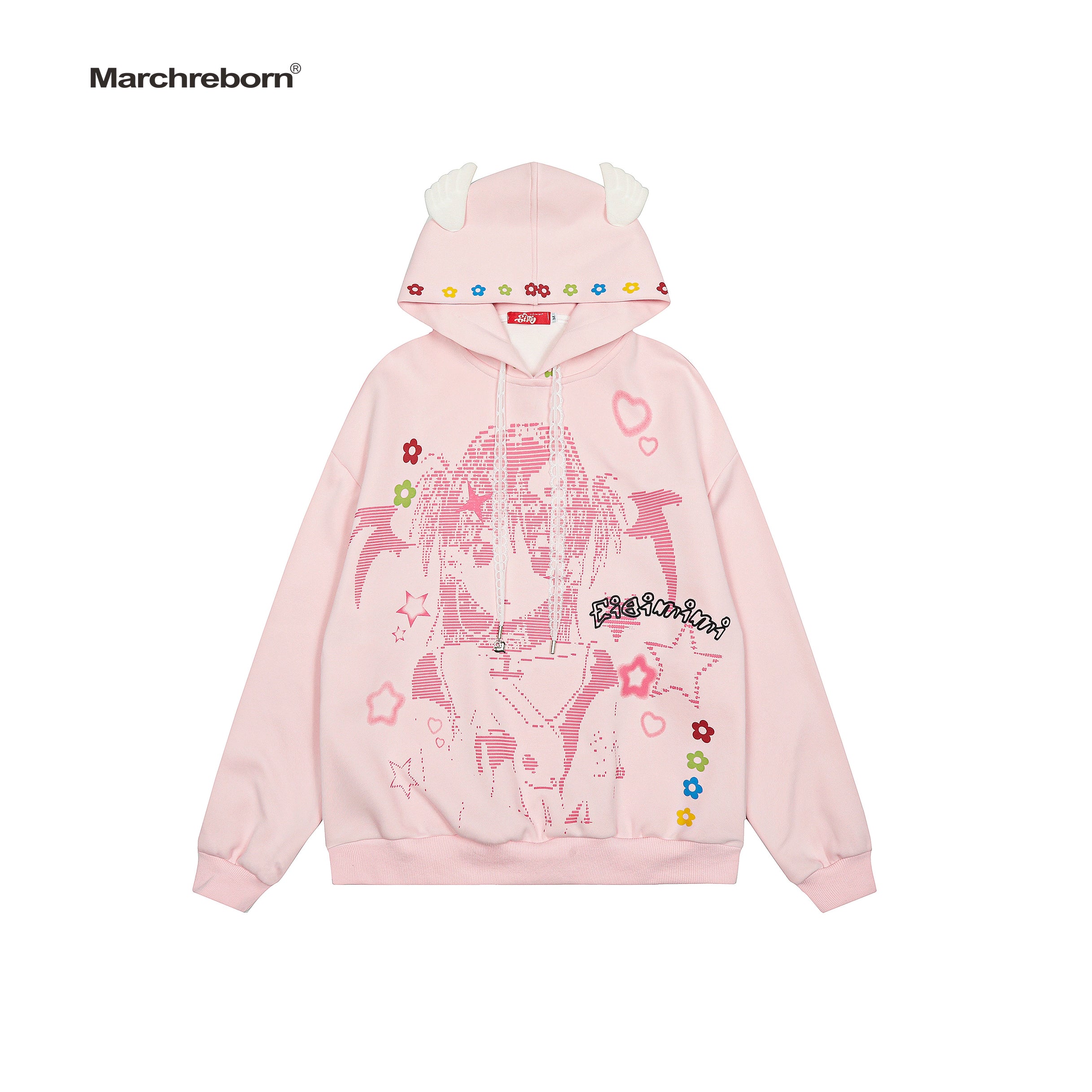 MARCH Girl Cartoon Print Wings Hooded Sweater