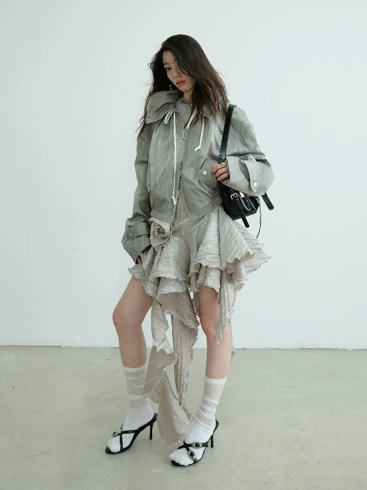 JNYLON Vintage Pleated Irregular Ruffle Dress