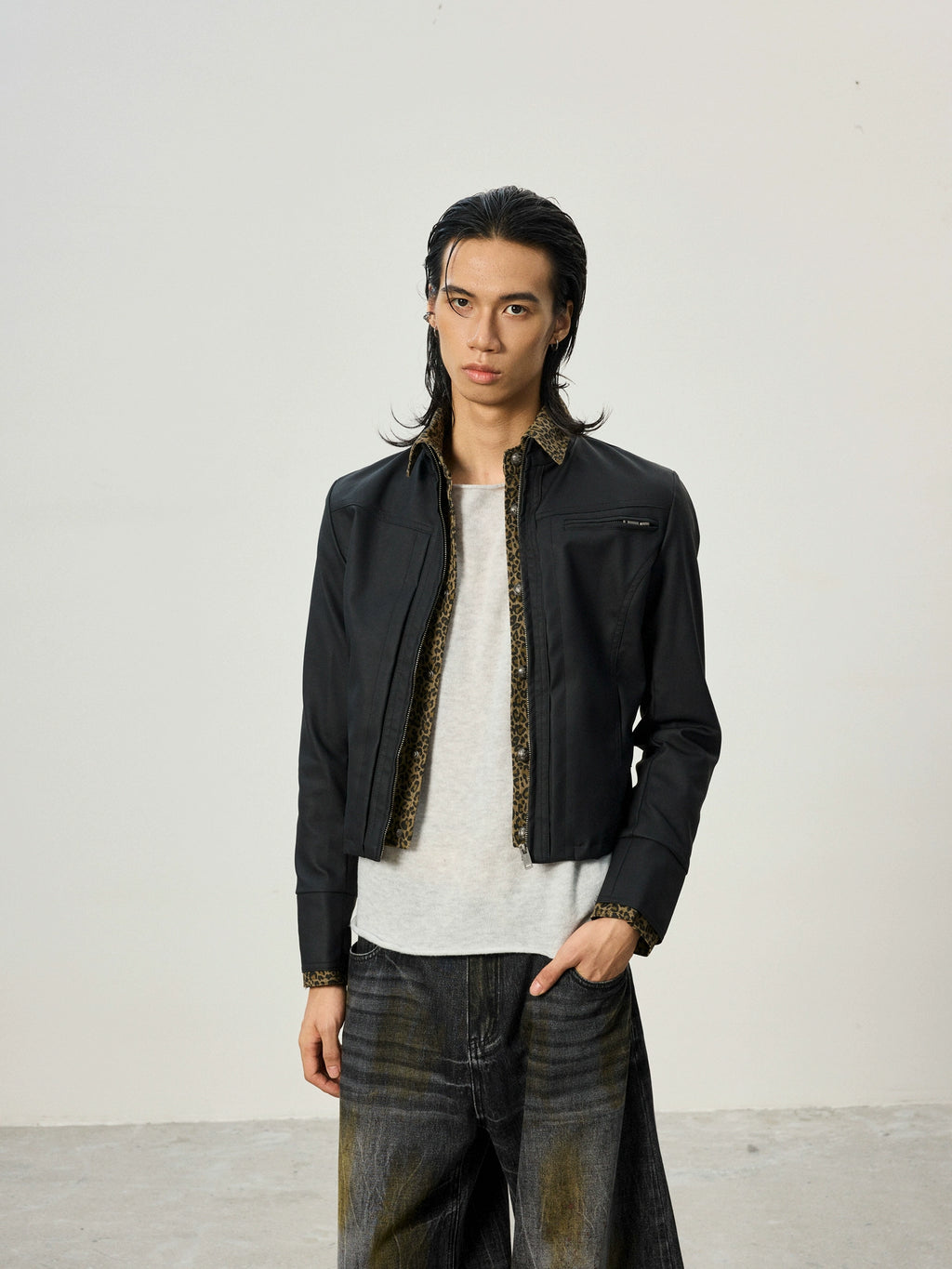 BTSG Short Fake Two-piece Leopard Print Spliced Jacket