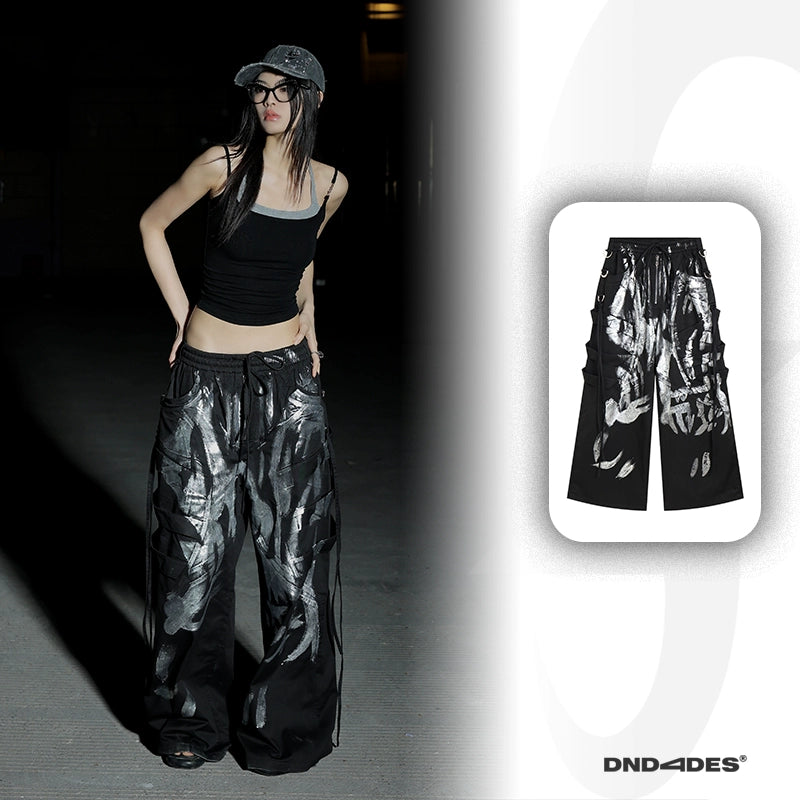 DND4DES Deconstruction Wind Heavy Industry Brush Silver Streamer Drawstring Overalls