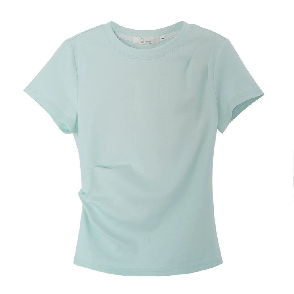 XUJING Pleated Front Shoulder Slim and Thin Tee