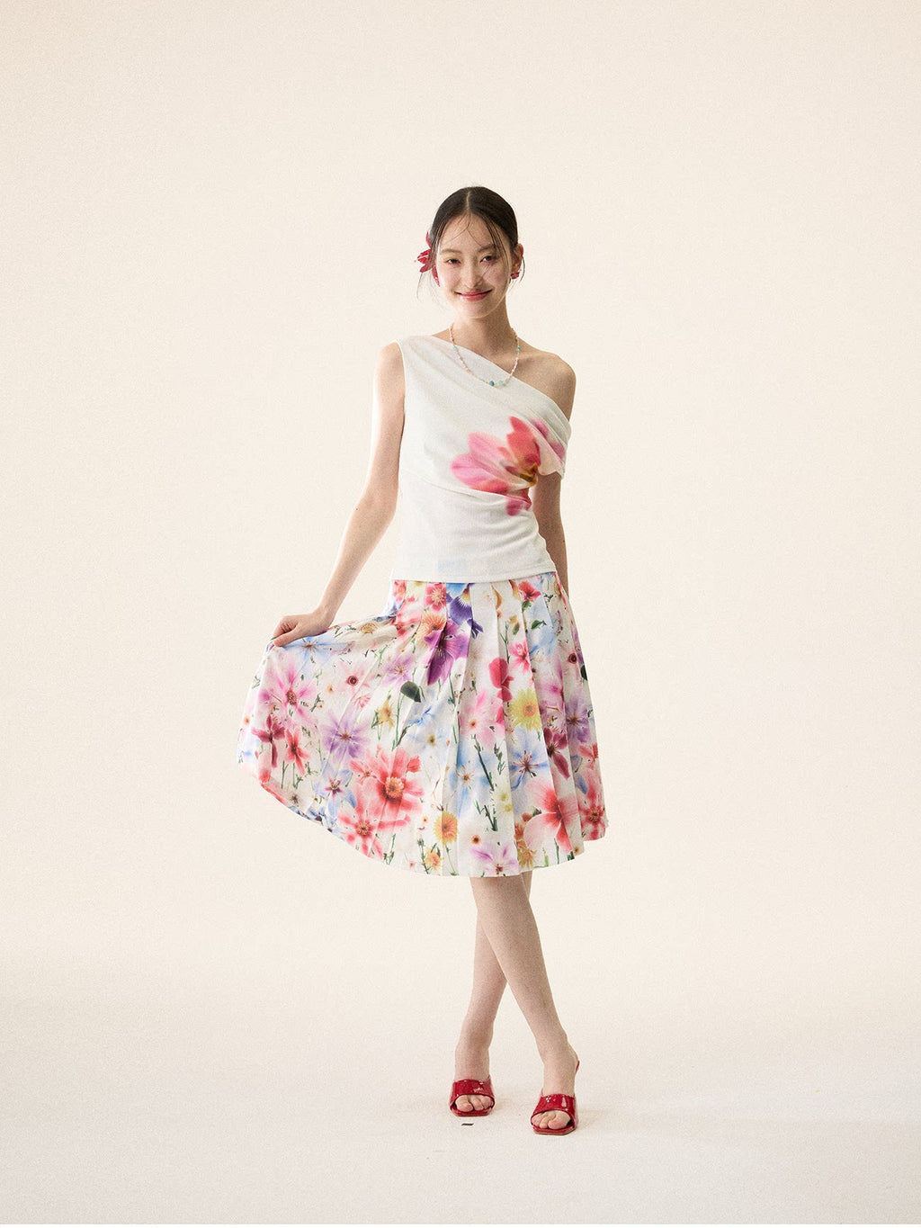 LOUMUTAKU Full Print Floral Pleated Skirt Skirt