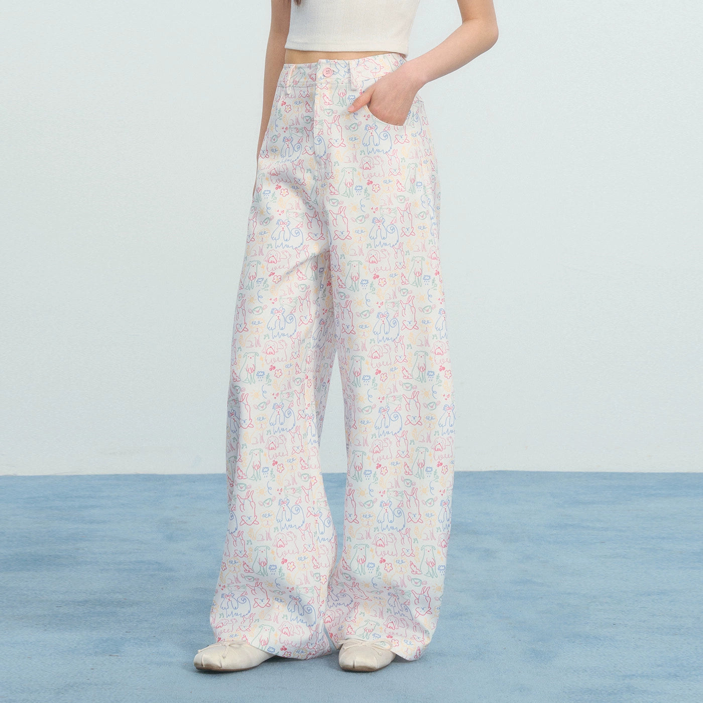 Umoumo Loose Color Puppy Graffiti Printed Casual Pants