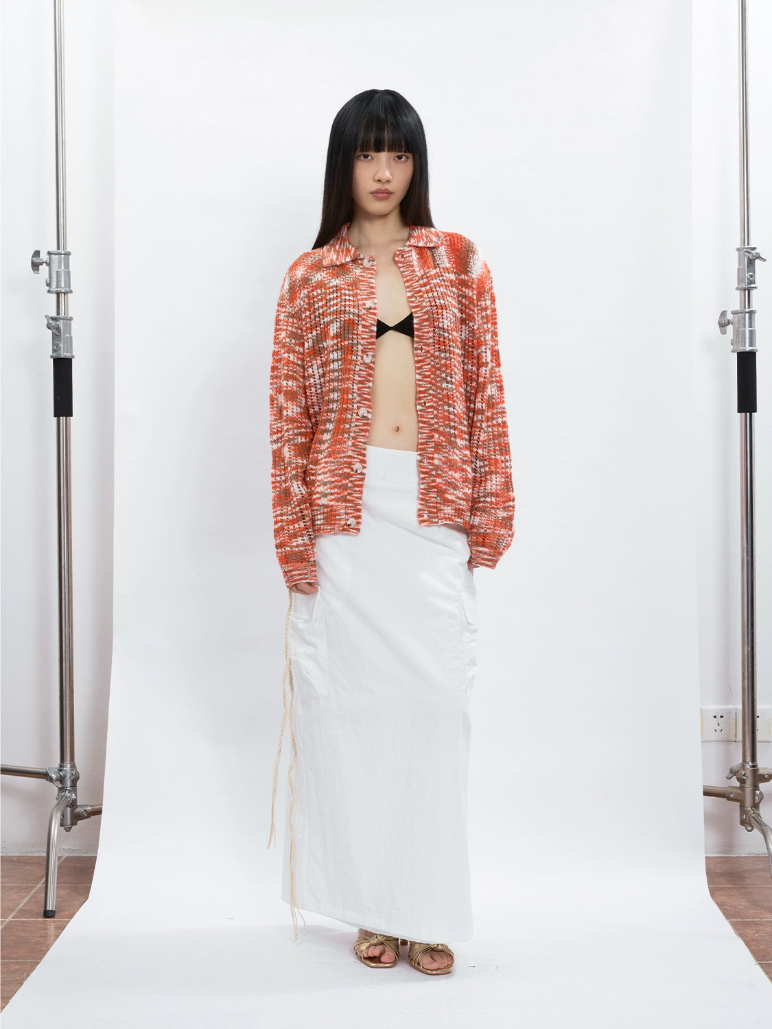 FUNKYFUN Lapel Cardigan Rhombus Hollow-knit Long-sleeved Sweater