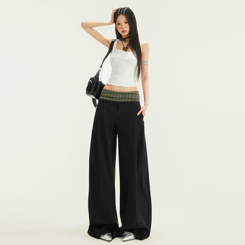 KPSR Splicing Checked Casual Loose Wide-leg Pants