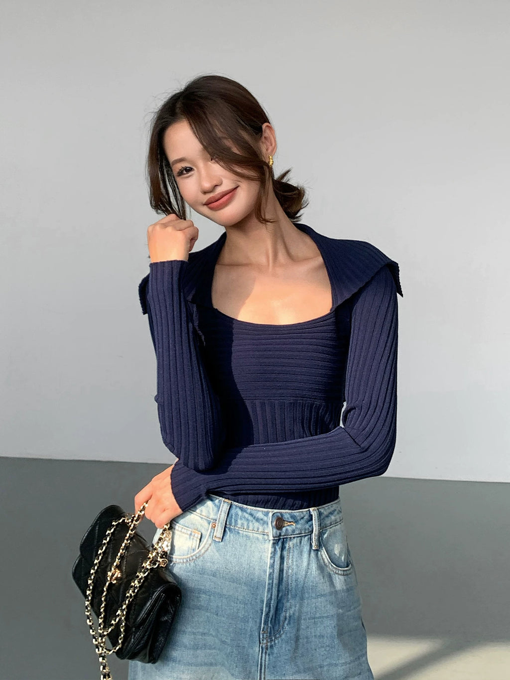 OUSPH Lapel Slim Knit Long Sleeves