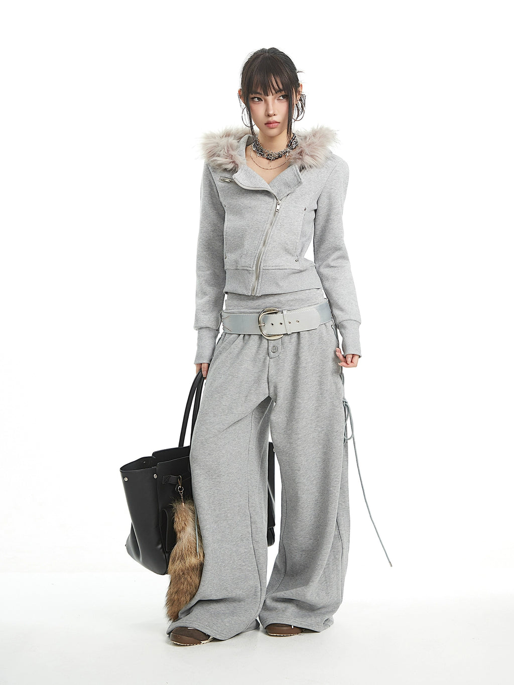 UNCMHISEX Fur Collar Hooded Sweater Jacket