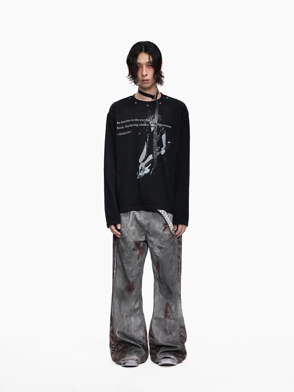 Lightinus Guitar Figure Slogan Print Riveted Long Sleeves