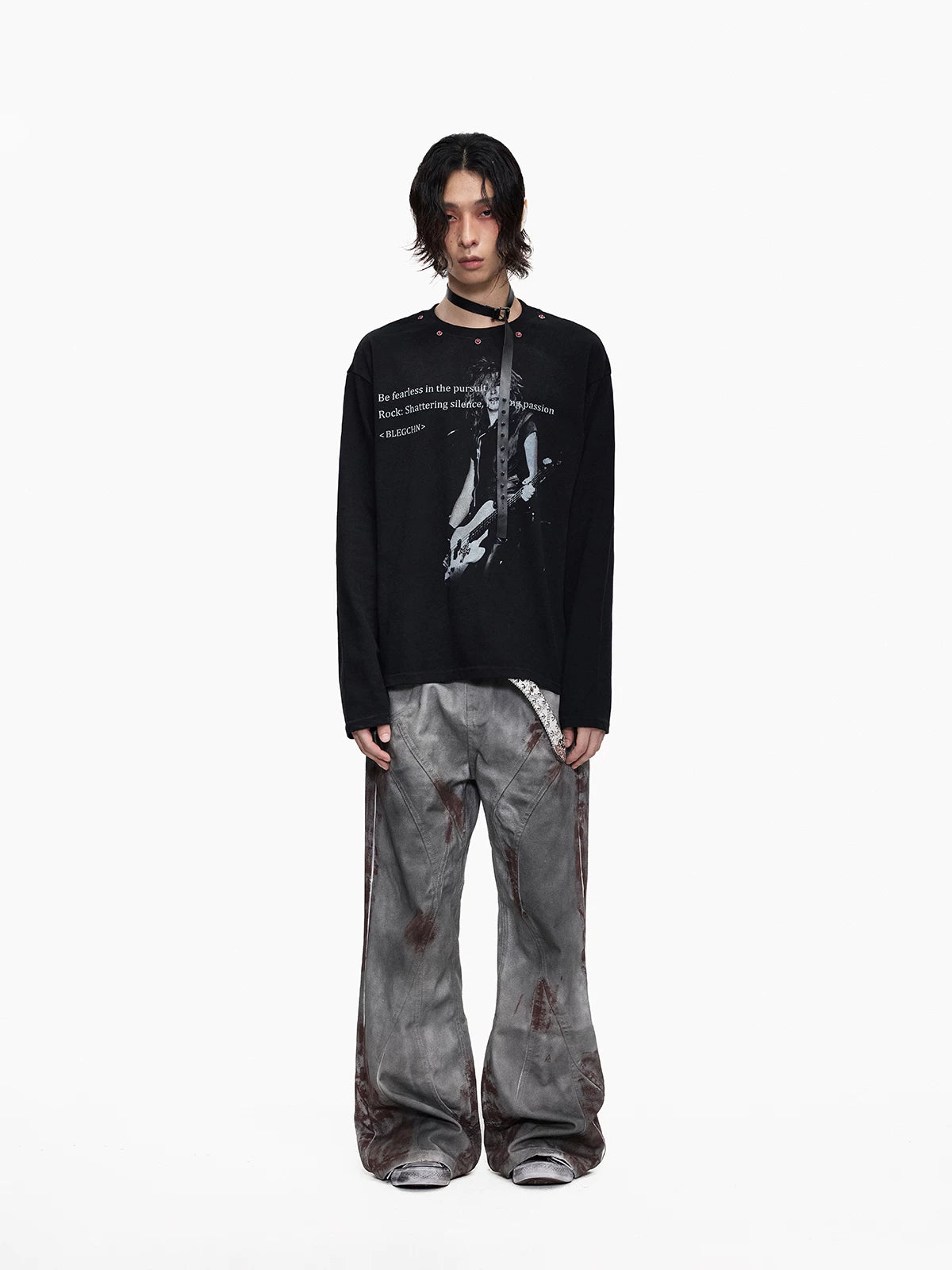 Lightinus Guitar Figure Slogan Print Riveted Long Sleeves