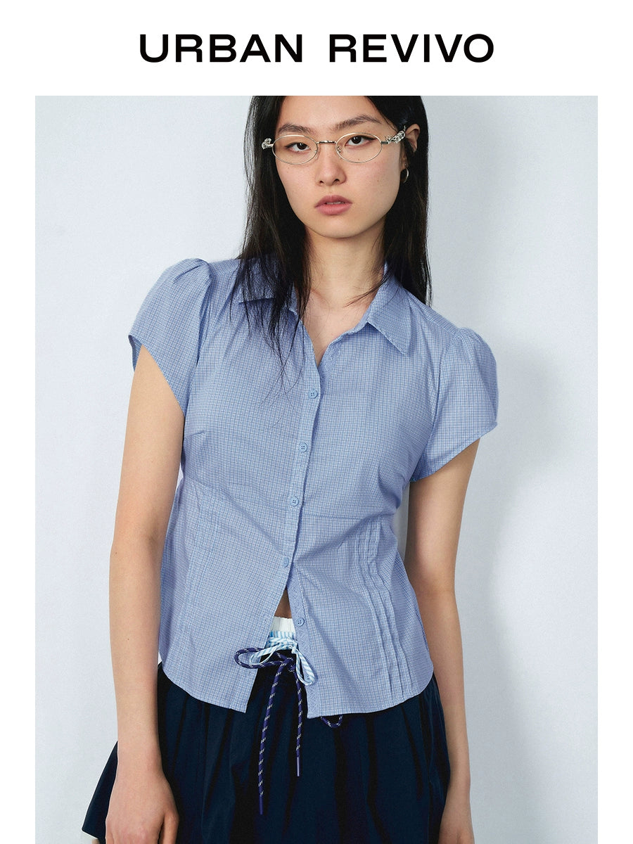 URBAN REVIVO Casual Contrast Checked Lace-Up Open Shirt