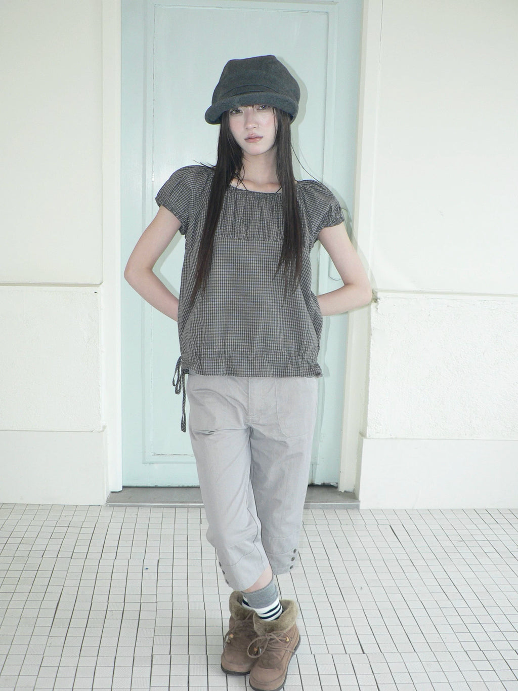 ANG: Project Retro Plaid Bubble Sleeve Waist Short Shirt