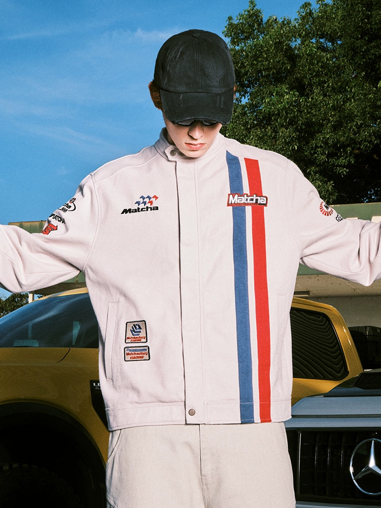 MATCHA STORY Motorcycle Racing Style Embroidered Stand-up Collar Jacket