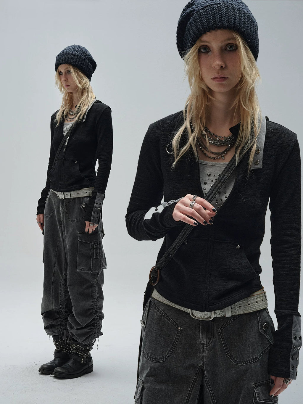 WearAndtear Stitching Rivet Neckline Slim Stand-up Collar Jacket
