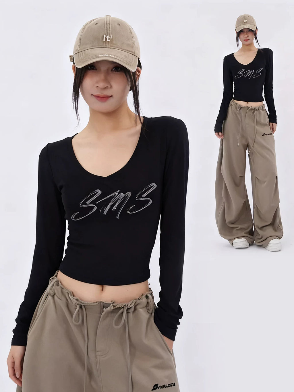 SAMUSAN V-neck Slim-fitting and Thin Skin-friendly Long-sleeved T-shirt