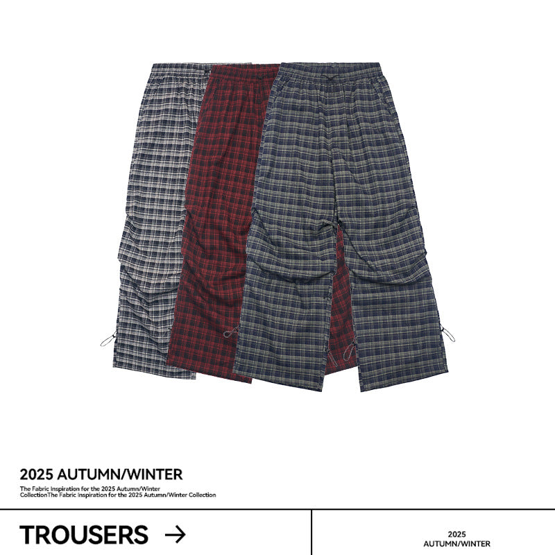 UNF Vintage Plaid Pleated Loose Straight Overalls