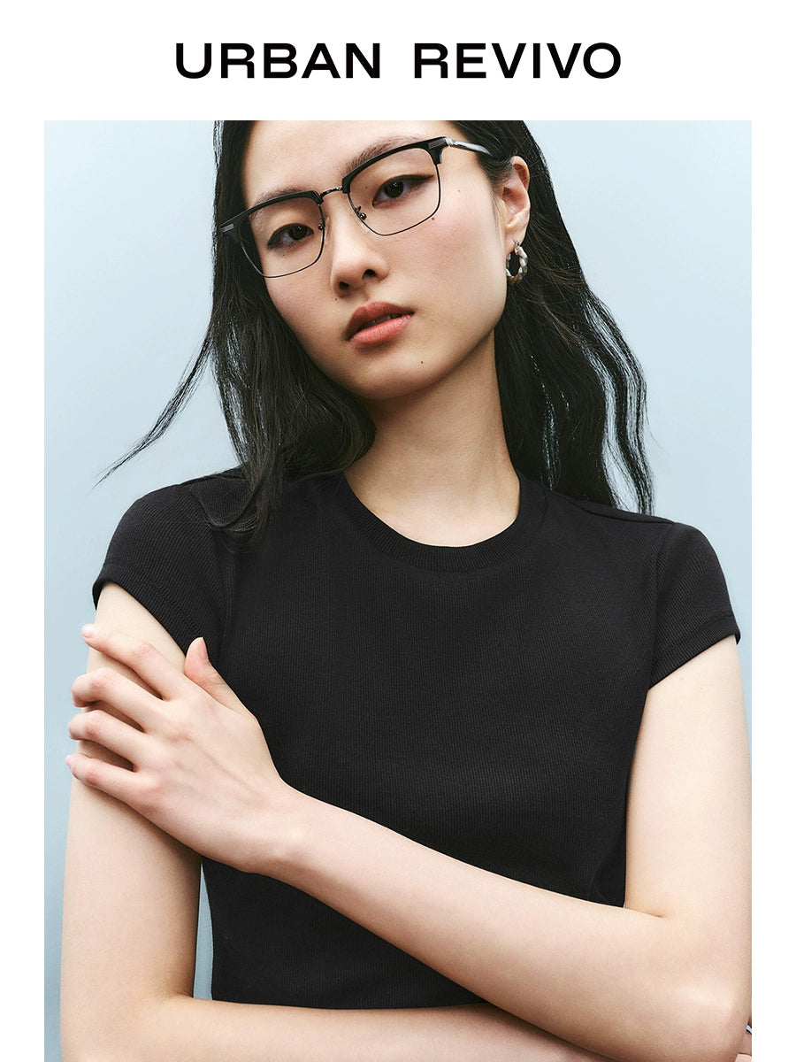 URBAN REVIVO Fashion Versatile Solid Color Slim Crew Neck Tee