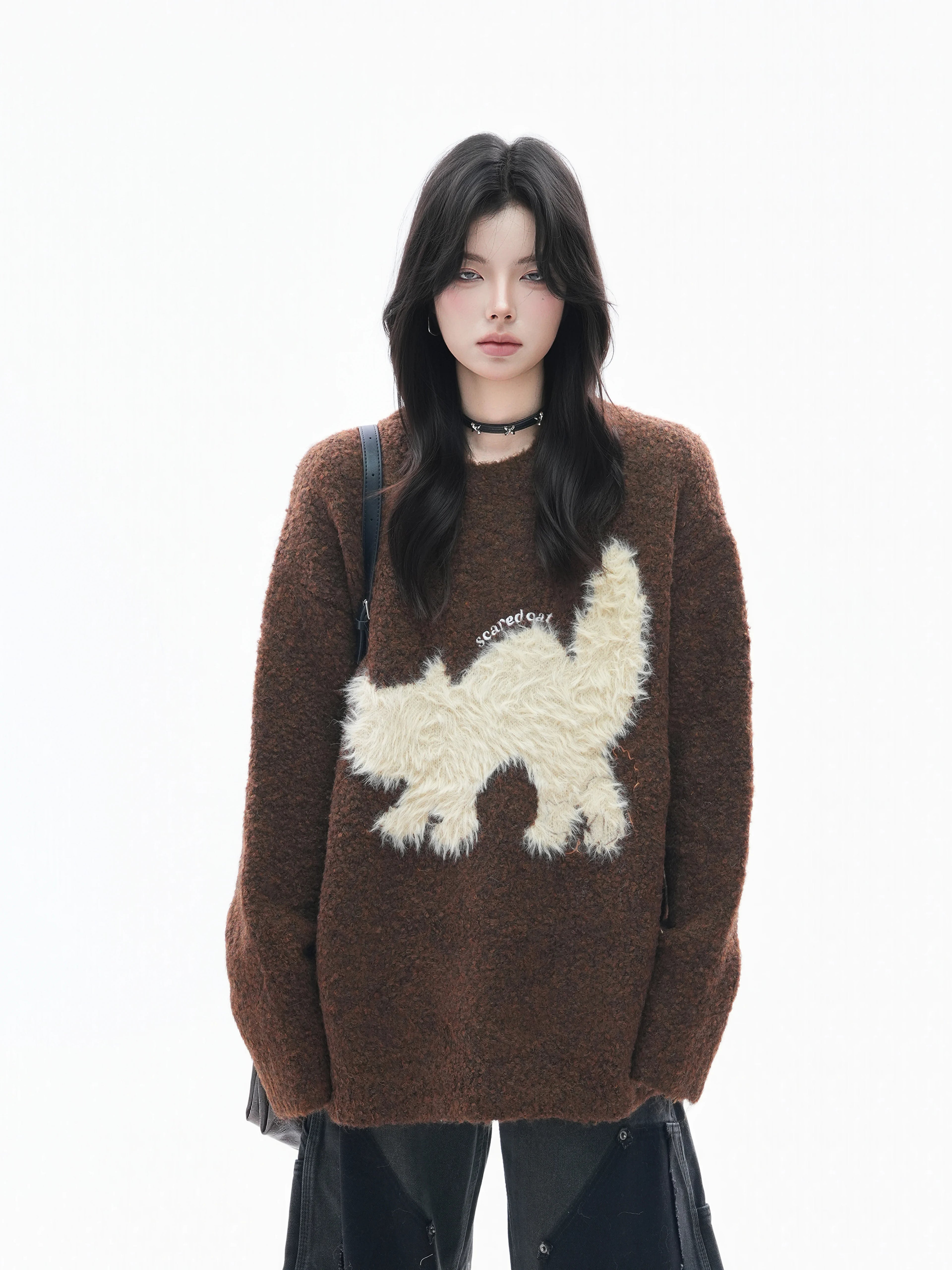 Zuocisankon Plush Cat Jacquard Sweater