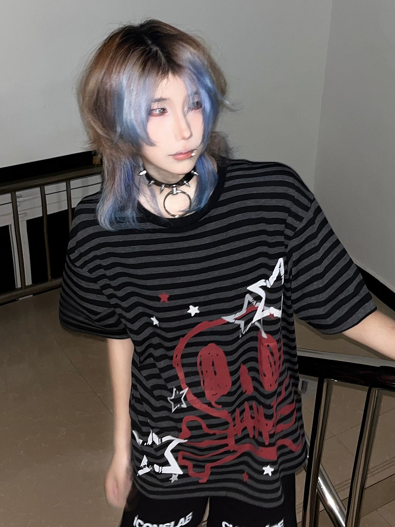 Wetbody Skull Striped Loose Tee