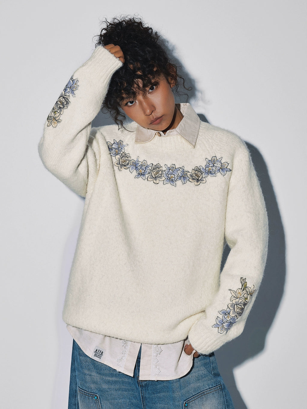 MEDM Floral Mohair Casual Crew Neck Sweater