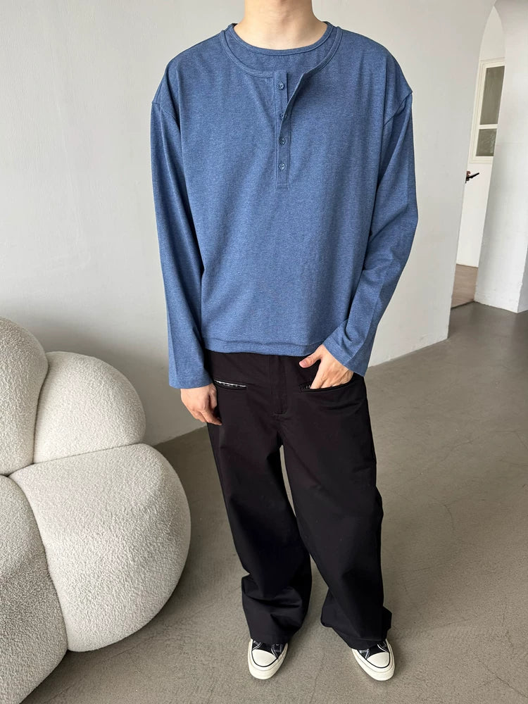 Erole Henry Double Neck Solid Color Long Sleeve T-Shirt