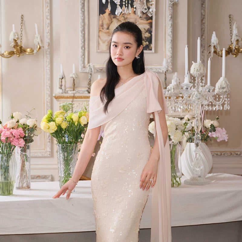 J TheChosen Slanted Shoulder Sequined Stretch Slim Dress