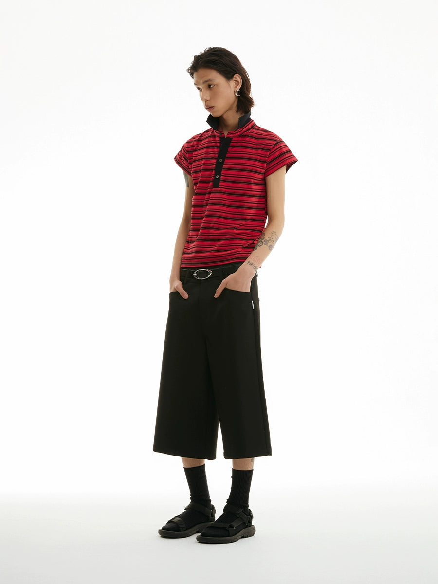 FUNKYFUN Stylish Simple Classic Striped POLO Short Sleeve Tee
