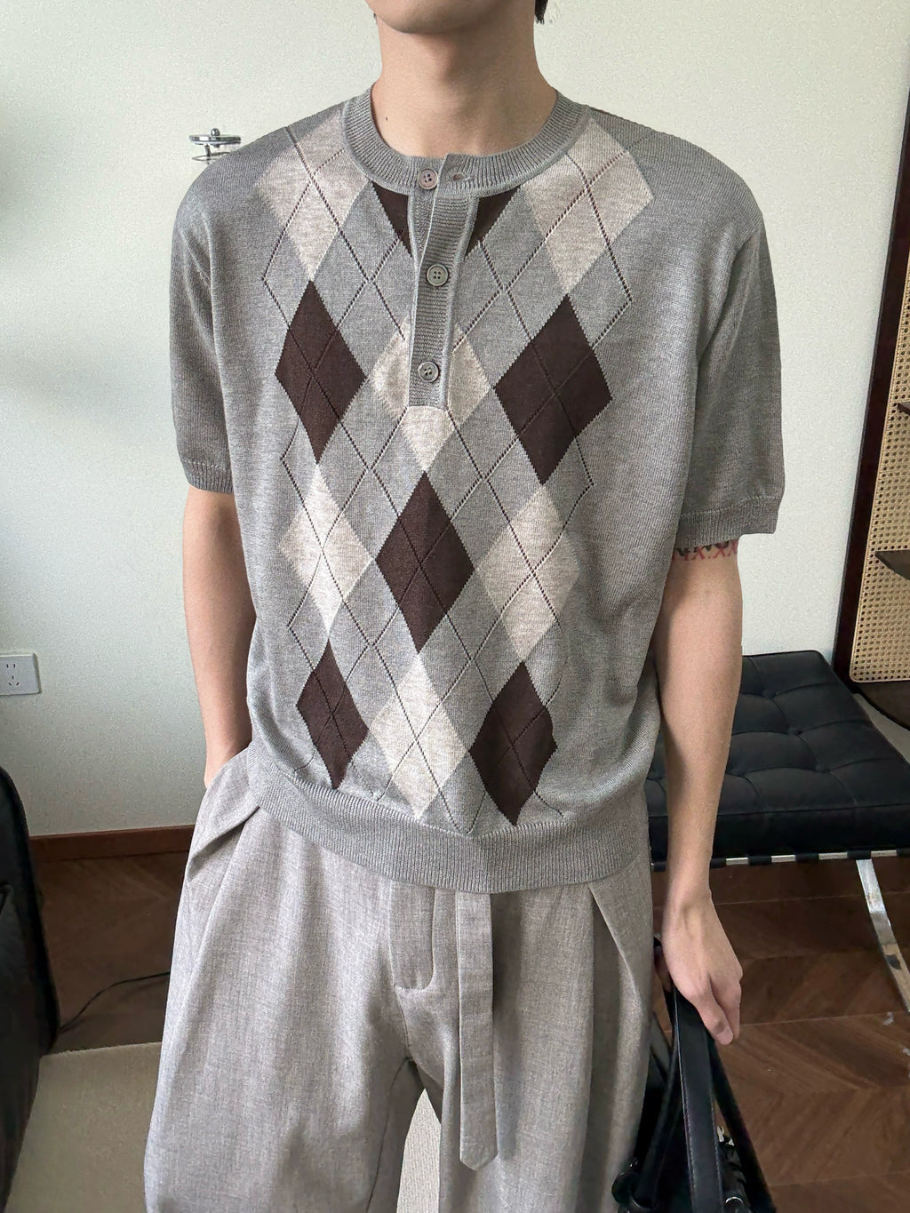 TAICHIISM Rhombus Knitted Splicing Plaid POLO Knitted Tee