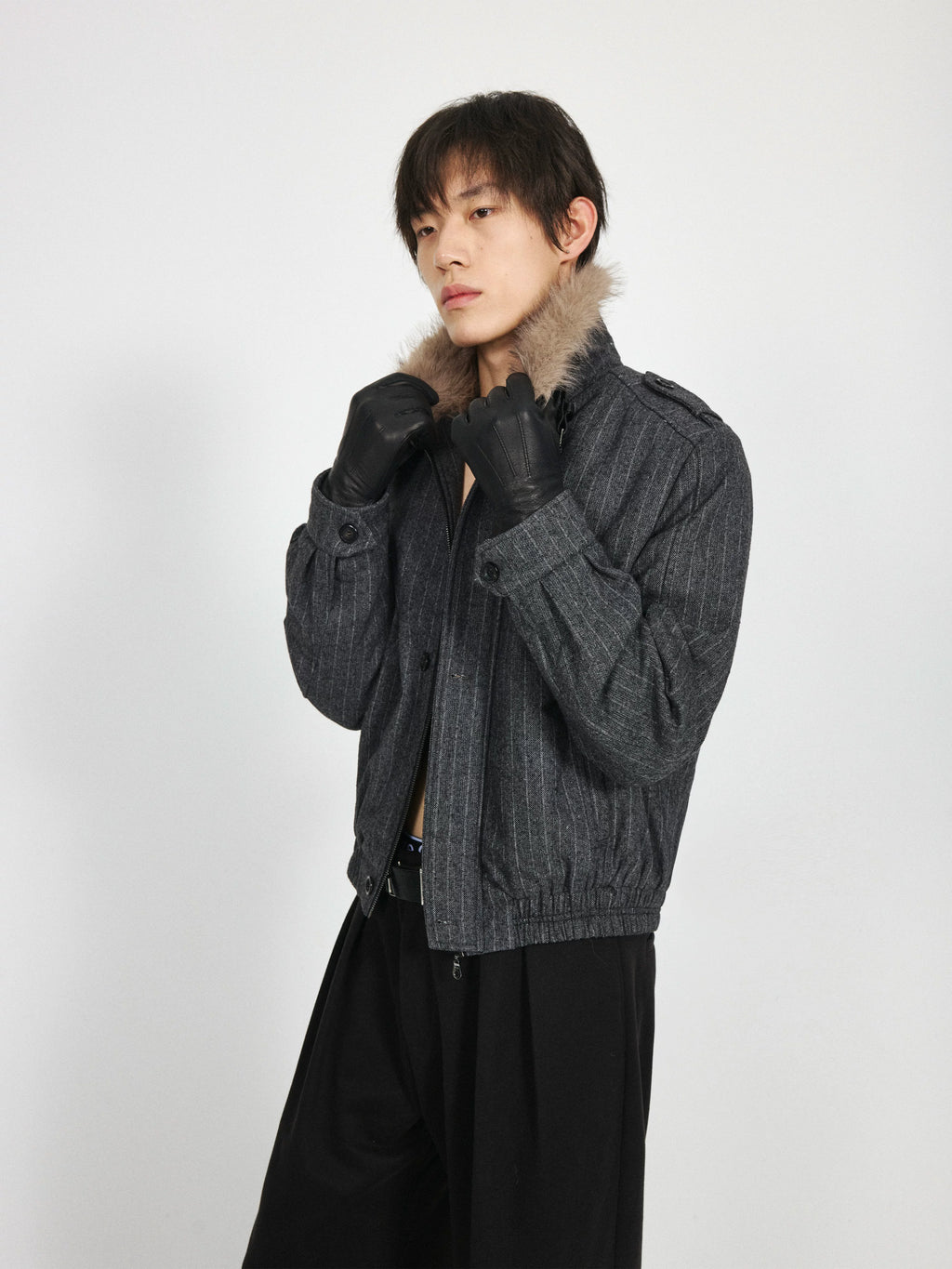Stay The Night Striped Front Shoulder Removable Fur Collar Cotton Suit