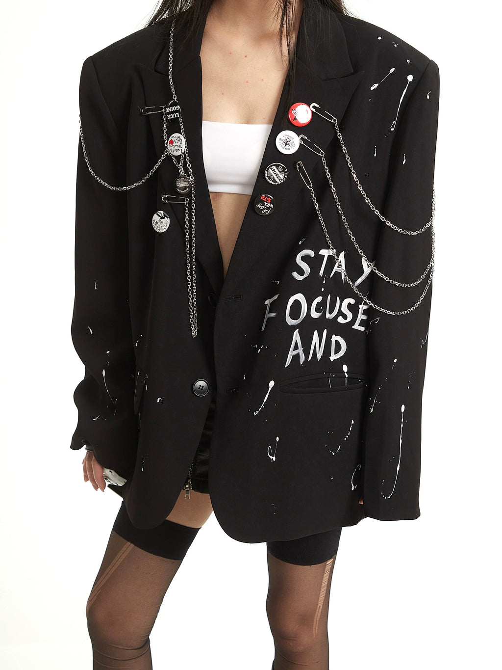 UNCMHISEX Chain Front Shoulder Loose Blazer