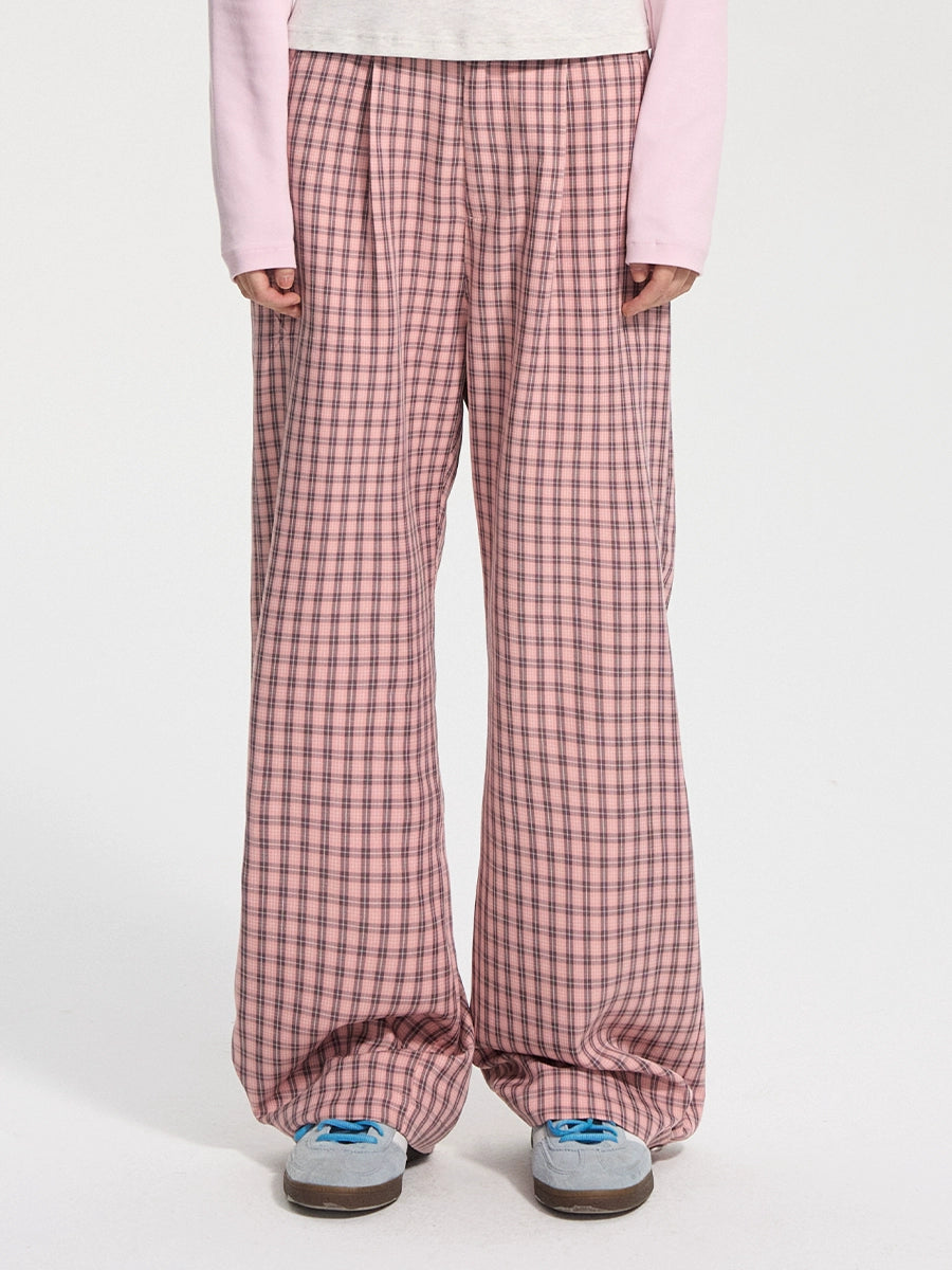 NICEBAD Flower-embroidered Plaid Trousers