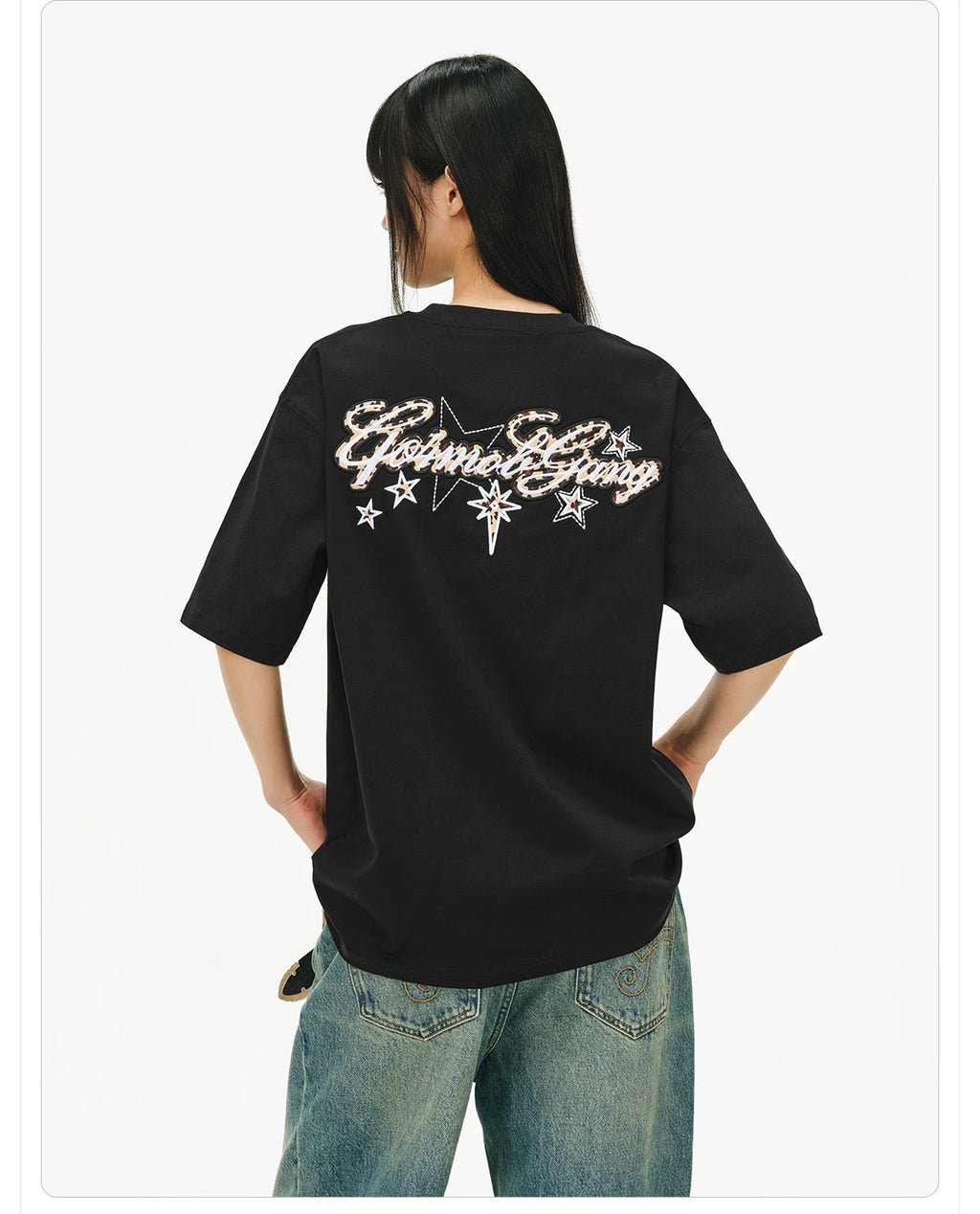 404MOB Leopard Print Star Embroidery Patch Loose Tee
