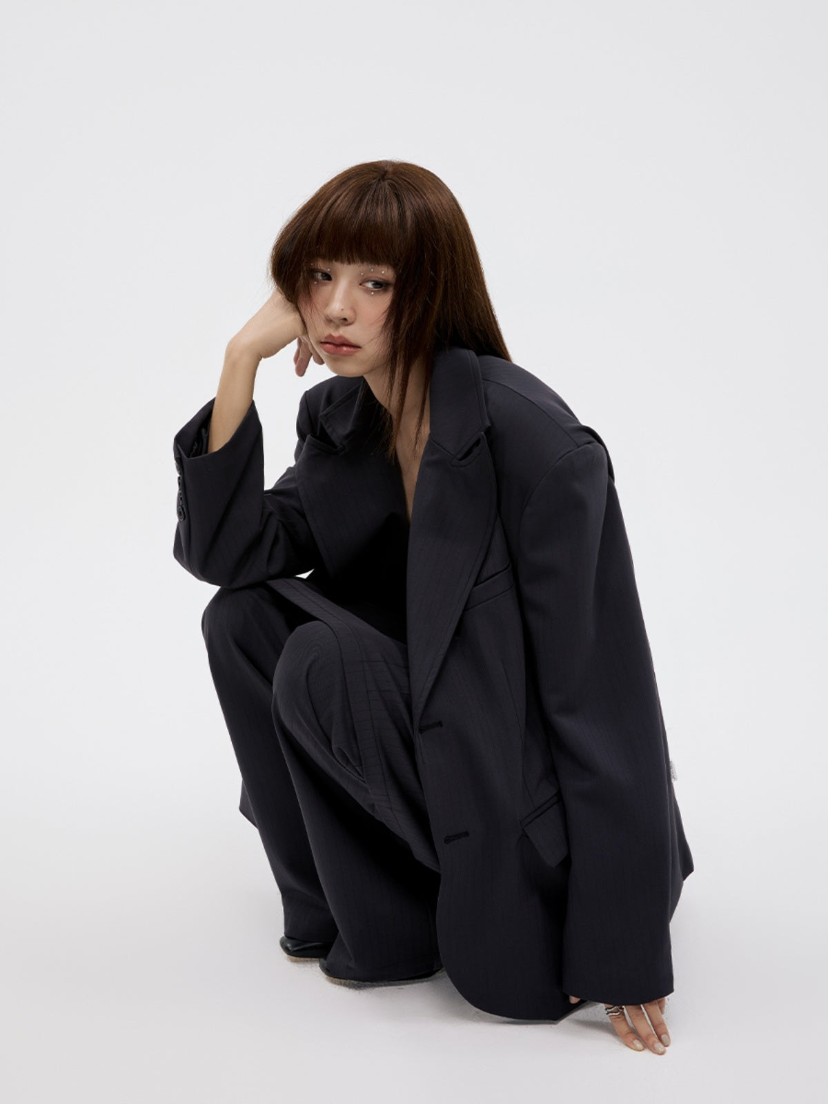 FUNKYFUN Dark Striped Wide Shoulder Padded Blazer