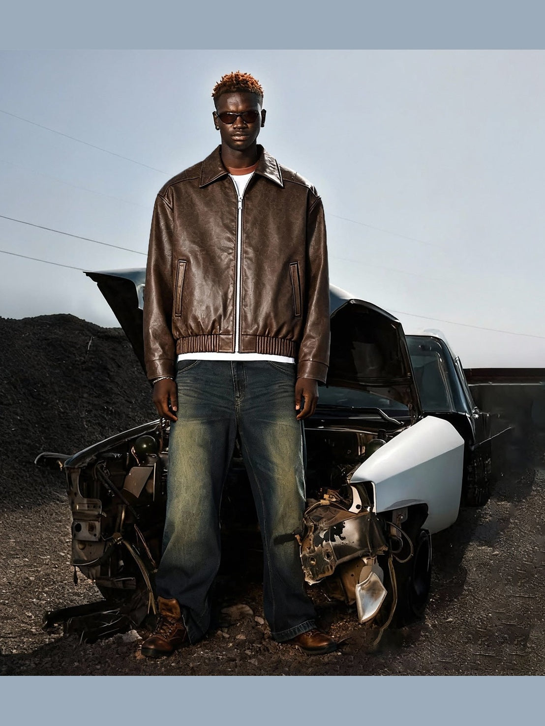 Inflation Vintage Wrinkled Leather Zip-up Jacket