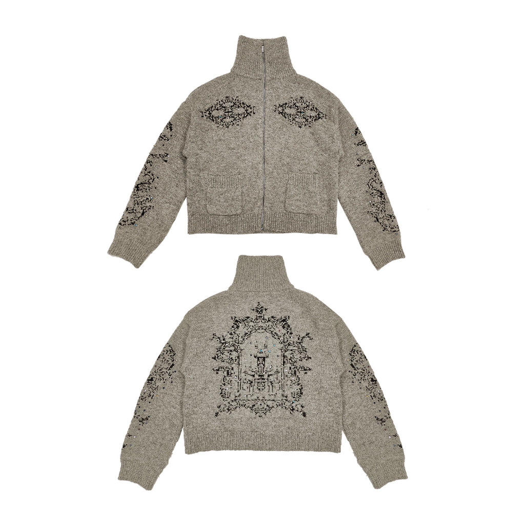WANNA LAB Jacquard Upturned Neck Knitted Cardigan Sweater