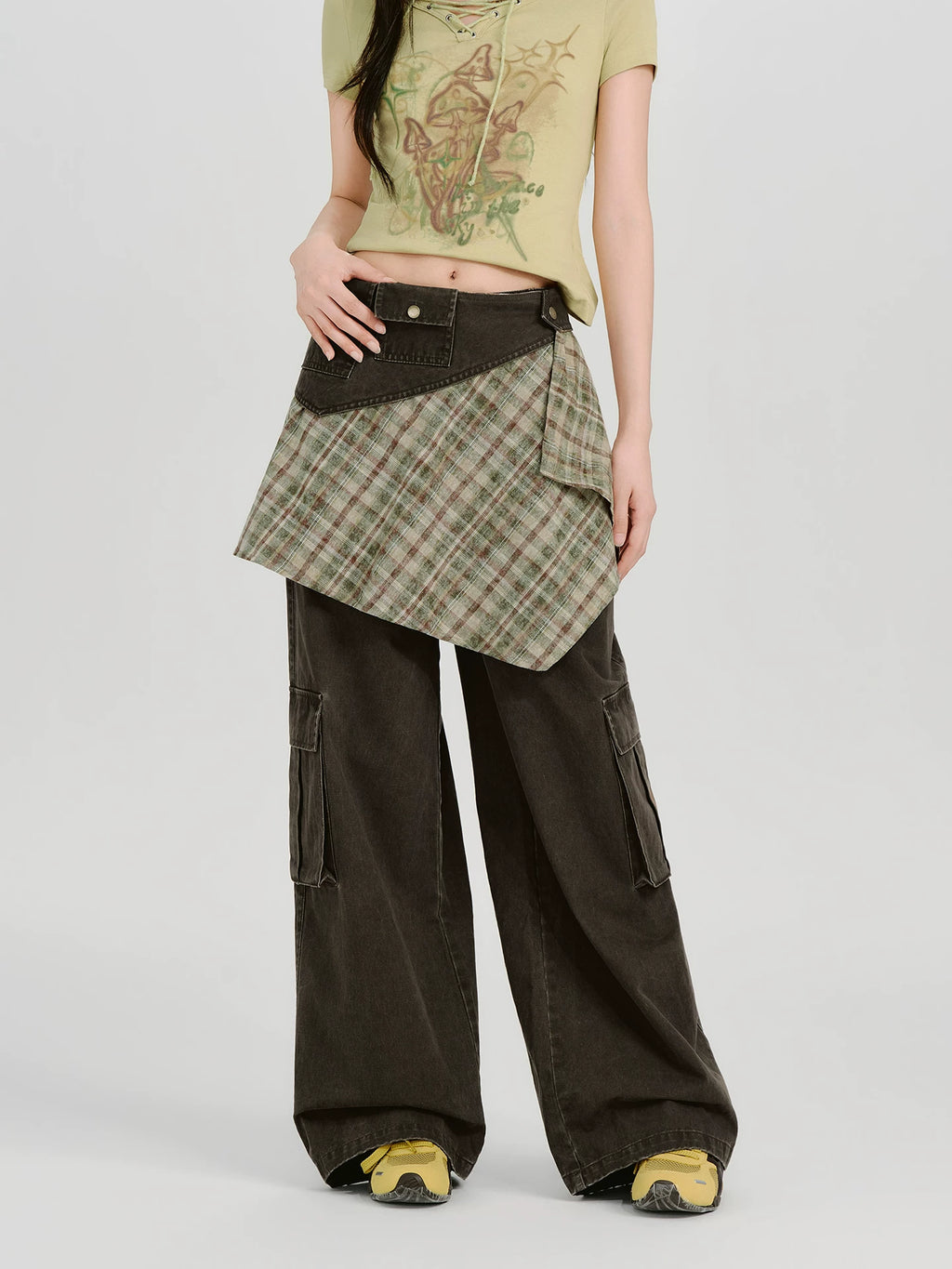 Girlyhalo Vintage Checked Fart Curtain Loose Wide Leg Pants