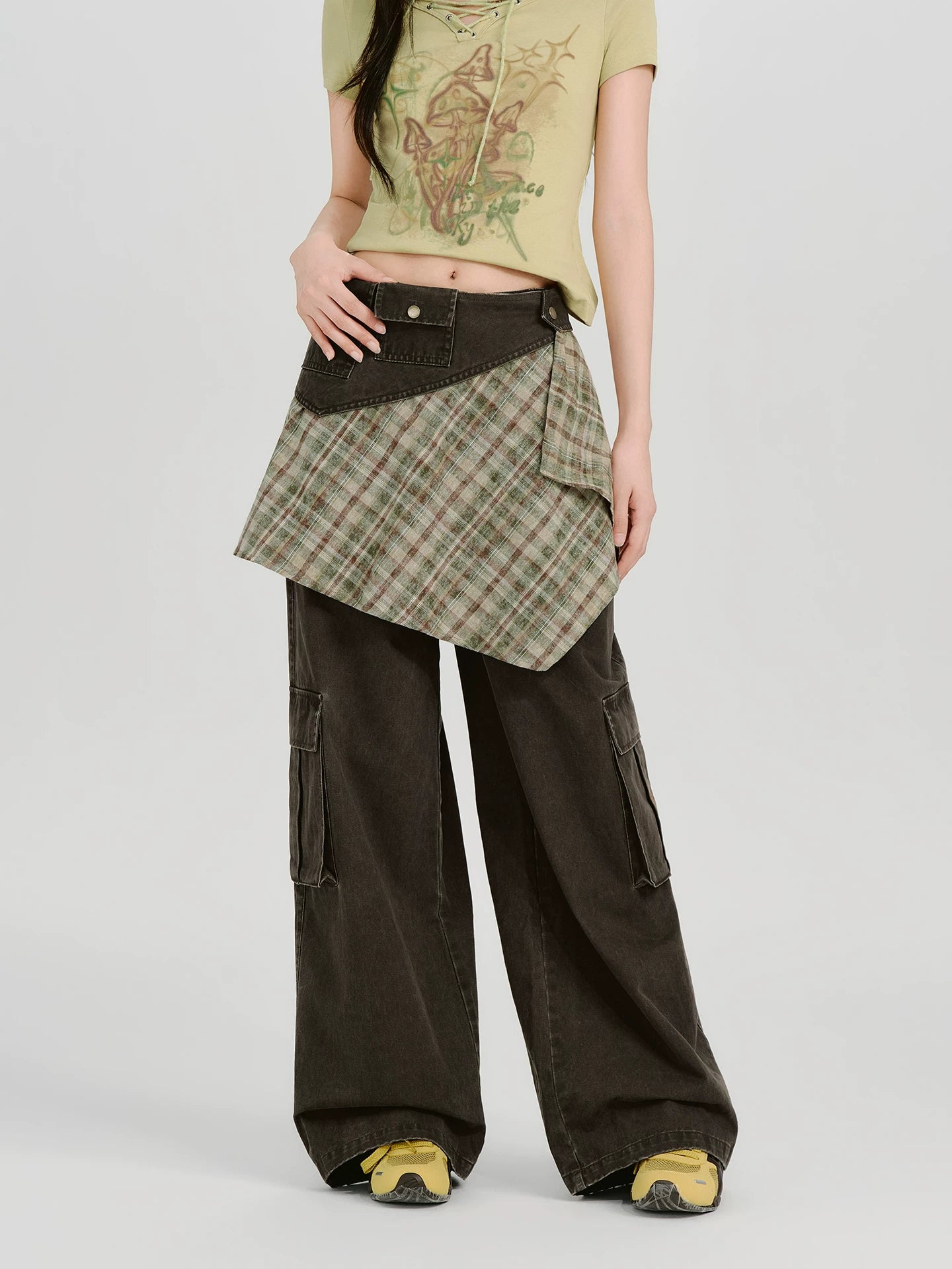 Girlyhalo Vintage Checked Fart Curtain Loose Wide Leg Pants