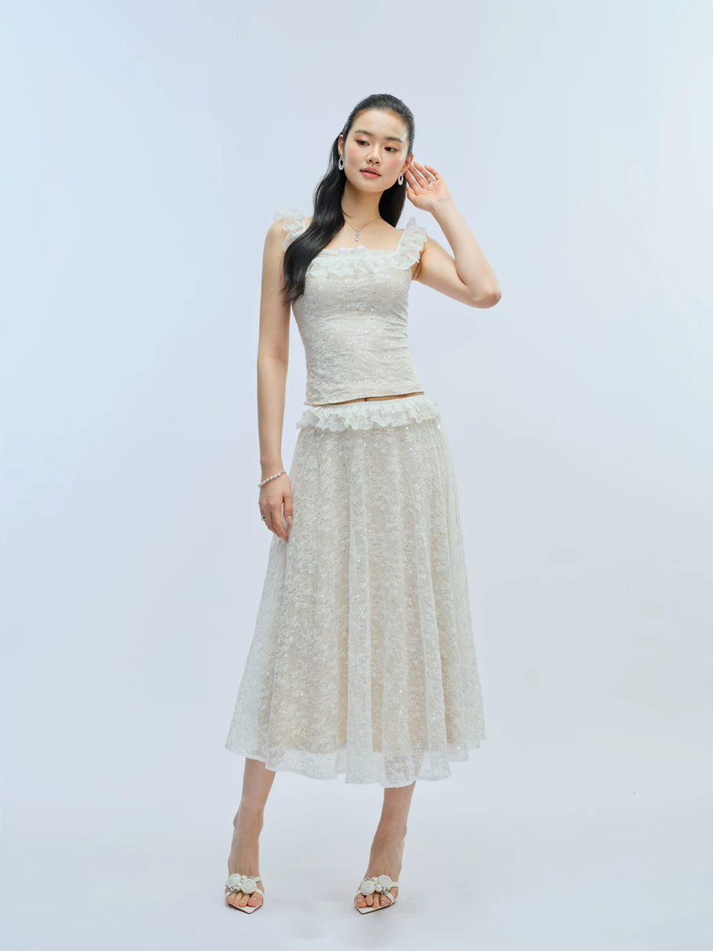 J TheChosen Lace Sequined Flountain Tank Top Skirt Set