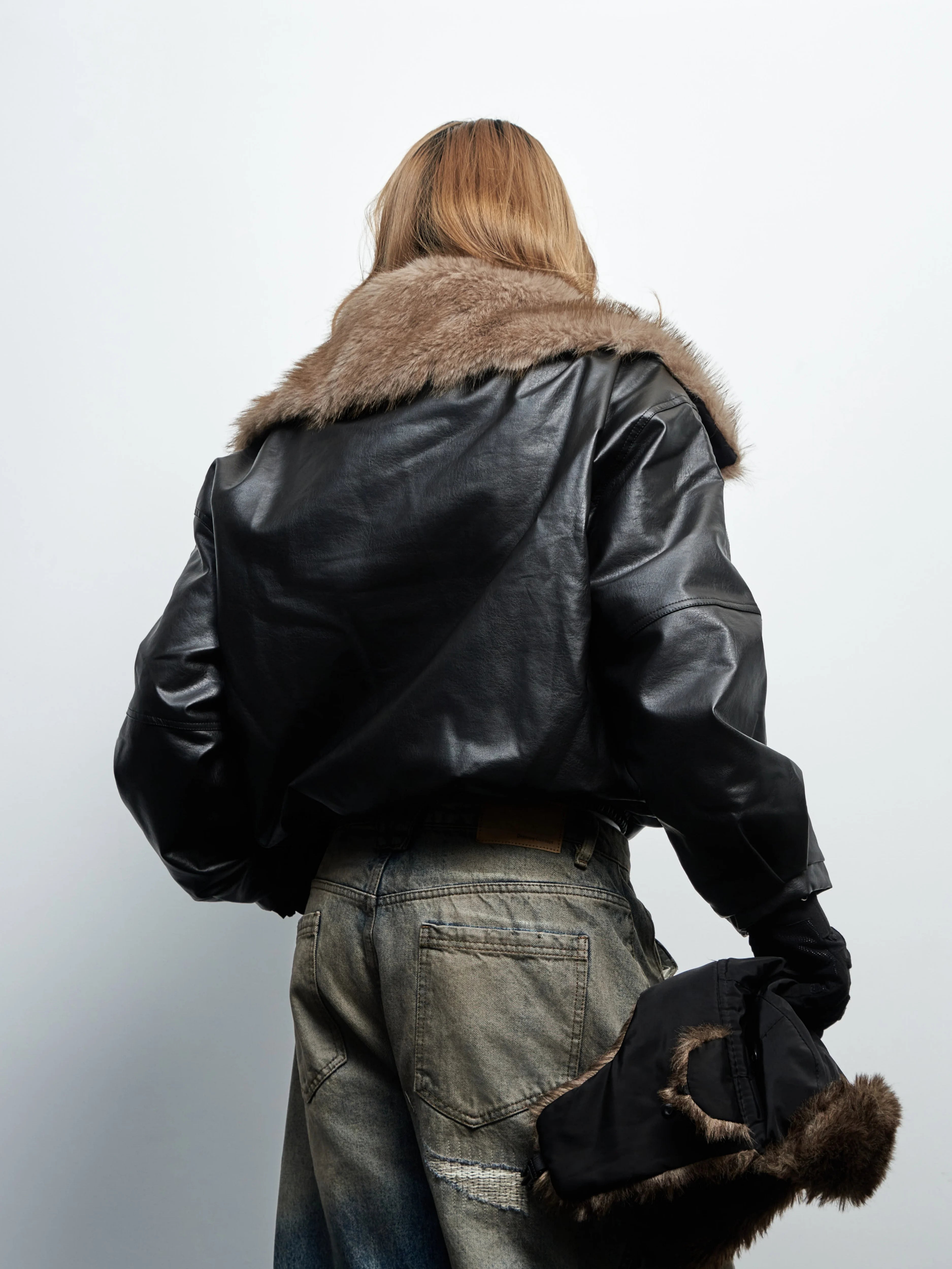 Saimt Retro Fur Collar Pu Leather Jacket